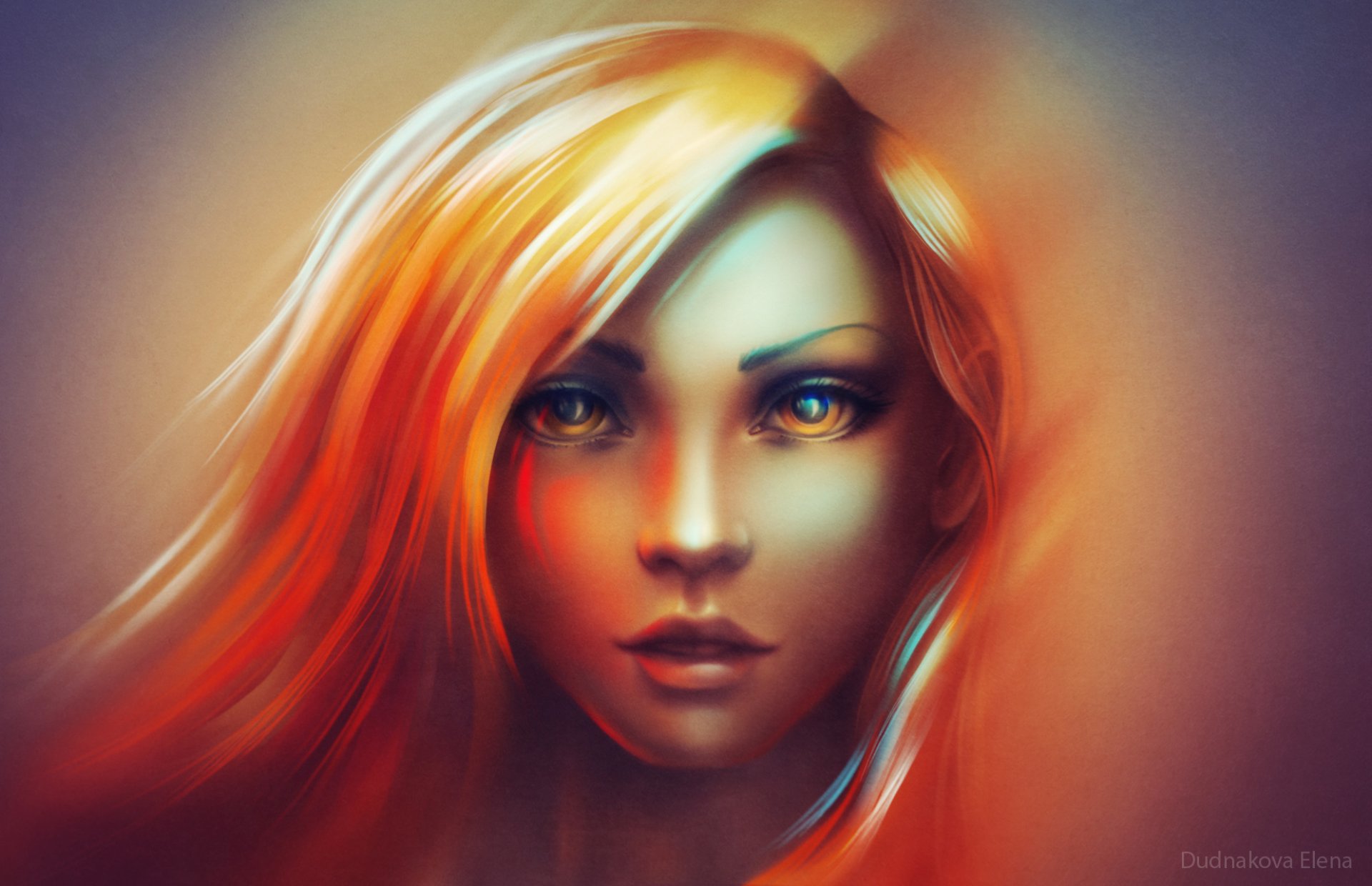 HD fantasy PC desktop wallpaper featuring a striking woman with fiery red hair and glowing golden eyes set against a soft, blurred background.
