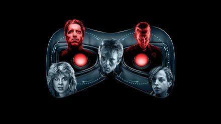 HD PC desktop wallpaper featuring key characters from the movie Terminator 2: Judgment Day within the iconic Terminator endoskeleton eyes.