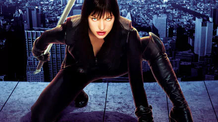 HD PC desktop wallpaper featuring a dynamic scene from the movie Ultraviolet, showcasing a woman in a black suit against a cityscape background.