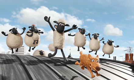 HD wallpaper from Shaun the Sheep Movie featuring Shaun and his flock joyfully running on a roof with a blue sky background.
