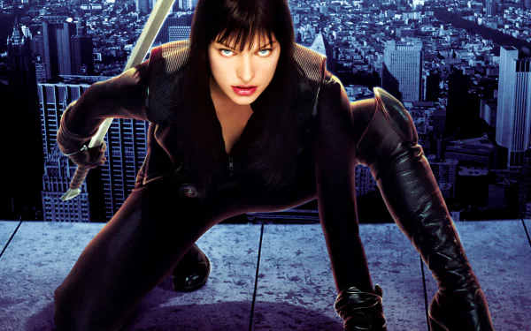 HD PC desktop wallpaper featuring a dynamic scene from the movie Ultraviolet, showcasing a woman in a black suit against a cityscape background.
