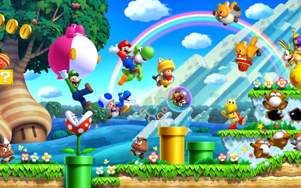 Colorful HD wallpaper featuring characters from New Super Mario Bros. U, including Mario, Luigi, and Yoshi, jumping through a vibrant landscape with pipes, flowers, and a rainbow.