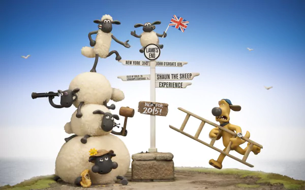 HD wallpaper for Shaun the Sheep Movie featuring the animated sheep characters in a whimsical scene with a directional sign post and a dog lounging.