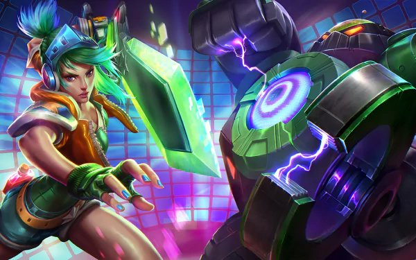 Dynamic HD wallpaper featuring Blitzcrank and Riven from League of Legends, set against a vibrant, colorful background that captures the game's energetic atmosphere.
