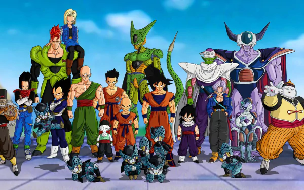 HD desktop wallpaper of various Dragon Ball Z characters standing together with a blue sky background.