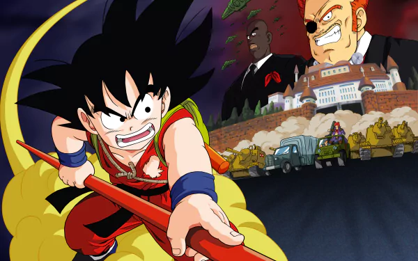 HD desktop wallpaper featuring Goku from Dragon Ball Z, soaring on his Flying Nimbus, with a backdrop of intense action and formidable opponents in a dynamic anime scene.