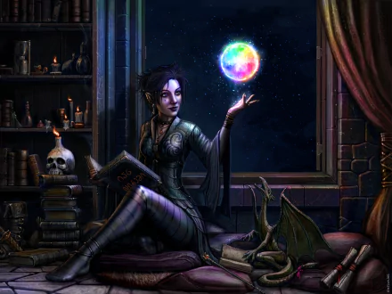 HD fantasy PC desktop wallpaper featuring an elf sorceress sitting by a window, holding a glowing magical orb, surrounded by books and mystical artifacts.