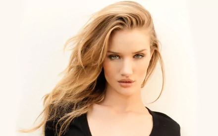 HD PC desktop wallpaper featuring celebrity Rosie Huntington-Whiteley with flowing blonde hair and a confident expression against a soft, light background.