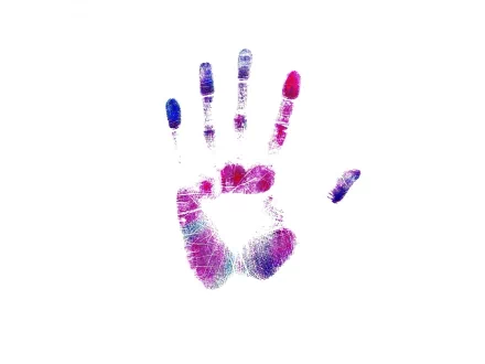 An artistic, high-definition wallpaper featuring a colorful handprint design in vivid shades of purple and blue, set against a clean white background.