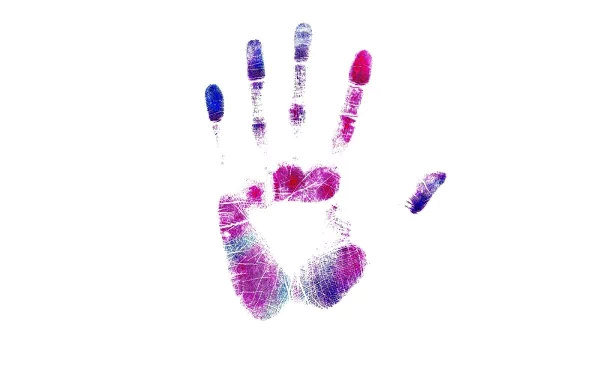 An artistic, high-definition wallpaper featuring a colorful handprint design in vivid shades of purple and blue, set against a clean white background.