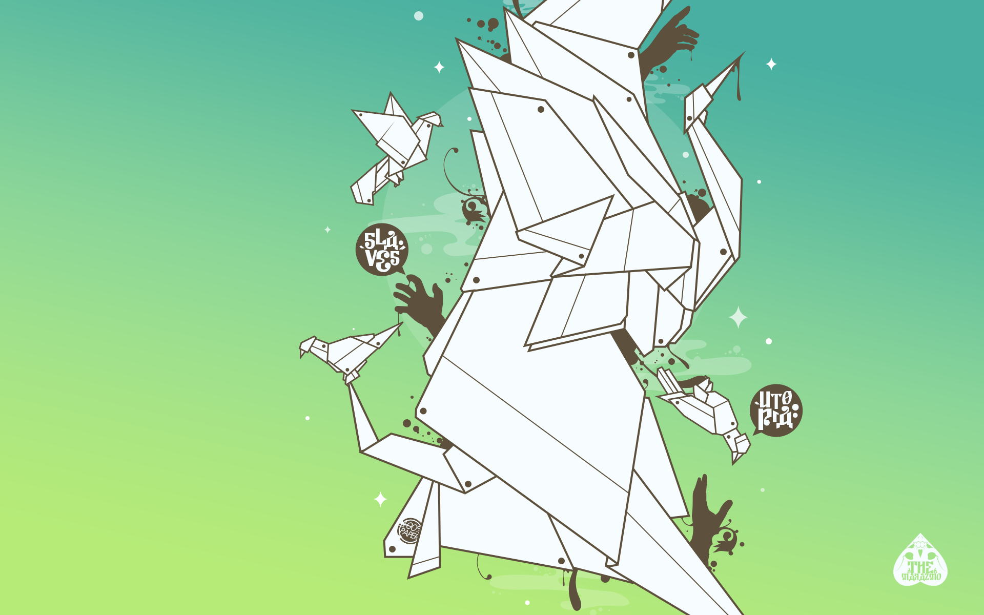 HD PC desktop wallpaper featuring man-made origami birds in white against a gradient green-blue background with artistic hand illustrations and stylized text elements.