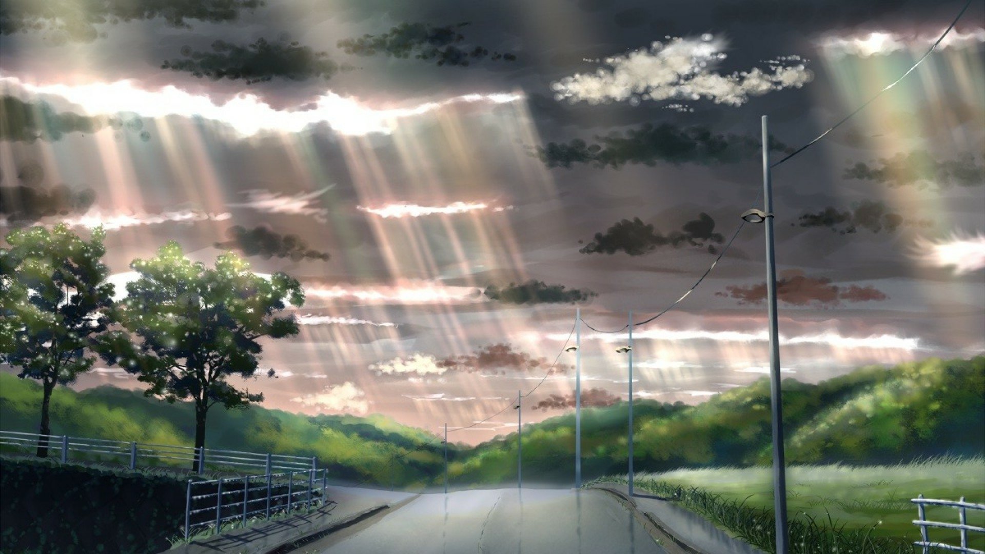 A serene anime landscape featuring a road winding through lush grass under dramatic clouds and rays of sunlight, creating a tranquil atmosphere. HD PC desktop wallpaper and background.