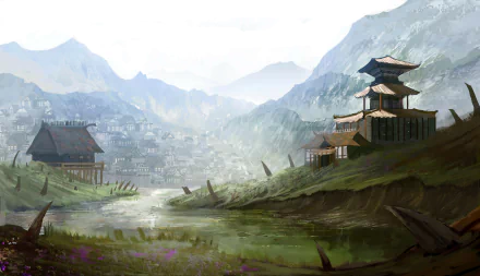 A 4K Ultra HD fantasy landscape depicting traditional Asian-style buildings nestled in a misty mountainous valley, blending serene natural and architectural elements.
