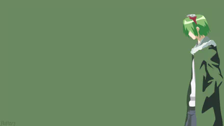 A minimalist HD desktop wallpaper featuring Lubbock from the anime Akame ga Kill! with green hair and goggles, wearing a coat, set against a plain background.