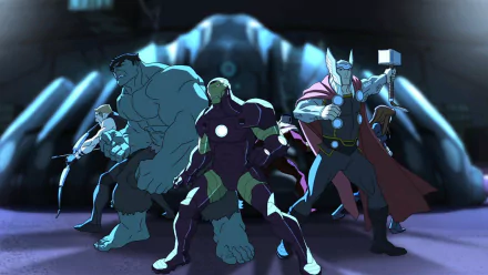 HD PC desktop wallpaper background from Marvel's Avengers Assemble TV show: Clint Barton/Hawkeye, Hulk, Iron Man and Thor posed ready for battle.