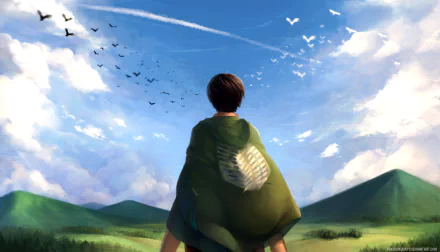 HD desktop wallpaper featuring Eren Yeager from the anime Attack on Titan, viewing a serene landscape with birds flying in a bright blue sky.