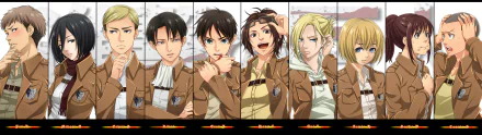 This HD wallpaper features characters from the anime Attack on Titan including Levi Ackerman, Eren Yeager, Hange Zoë, and Annie Leonhart, all depicted in their Survey Corps uniforms.