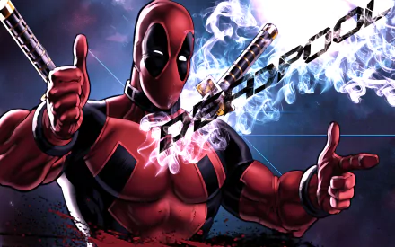 HD desktop wallpaper featuring Deadpool in his iconic red and black costume, giving two thumbs up with swords crossed behind him, exuding smoke that spells 'Deadpool'. Comic style.