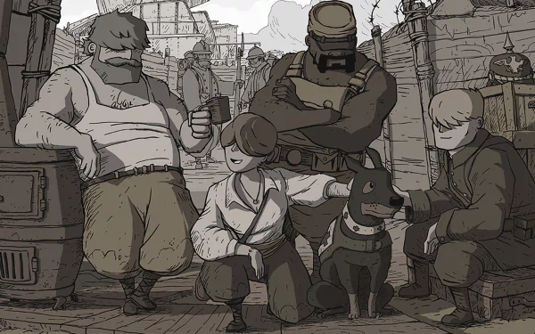 HD PC desktop wallpaper featuring characters from the video game Valiant Hearts: The Great War in a stylized, sepia-toned wartime setting.
