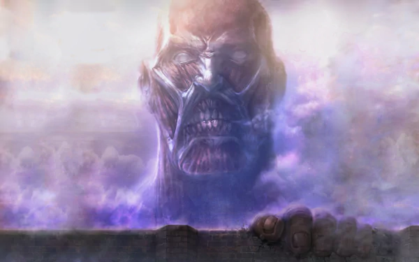 A striking HD wallpaper featuring the Colossal Titan from the anime Attack on Titan, looming over a dramatic, cloudy background, emphasizing its imposing presence.
