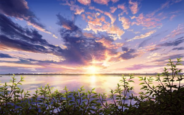 Anime Sunset Cloud Lake Landscape HD Wallpaper | Background Image