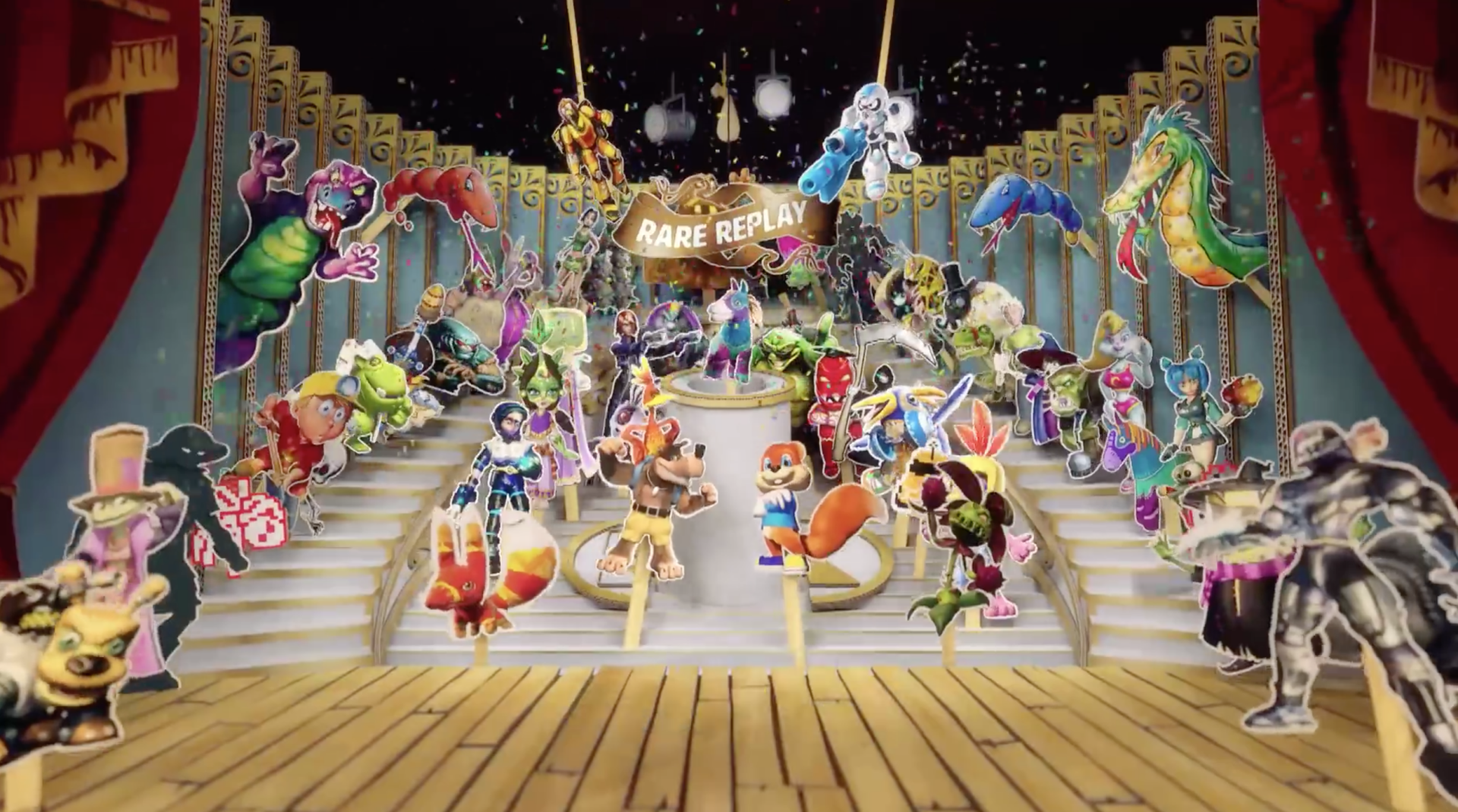 HD desktop wallpaper featuring a vibrant collection of Rare Replay game characters on a festive stage background.