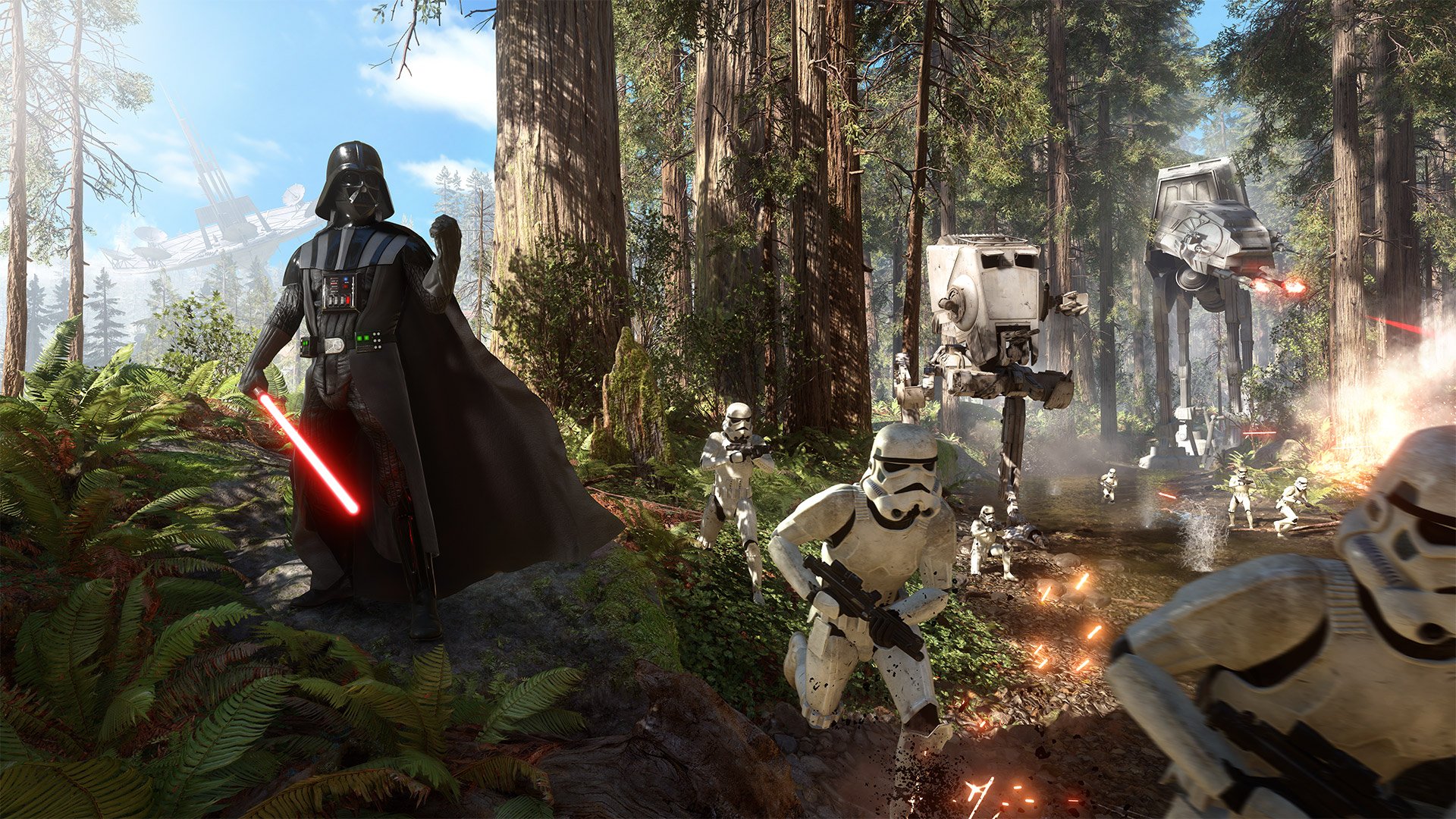 A HD desktop wallpaper featuring Darth Vader and stormtroopers in combat among tall trees in Star Wars Battlefront (2015). Vader holds a red lightsaber, with an AT-ST and explosions in the background.