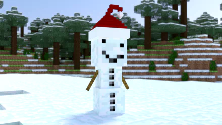 HD desktop wallpaper from the video game Minecraft, featuring a snowman with a Santa hat standing in a snowy landscape with trees. Tags: Mojang, snow, snowman, video game, Minecraft.