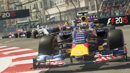 HD desktop wallpaper featuring F1 2015 race with Formula 1 cars speeding on the track.