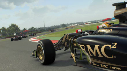 HD desktop wallpaper featuring a dynamic scene from F1 2015 with racing cars speeding on the track.