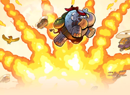HD desktop wallpaper featuring Tembo the Badass Elephant, charging heroically through flames with a dynamic pose.