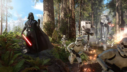 A HD desktop wallpaper featuring Darth Vader and stormtroopers in combat among tall trees in Star Wars Battlefront (2015). Vader holds a red lightsaber, with an AT-ST and explosions in the background.