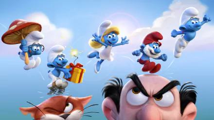 4K Ultra HD desktop wallpaper featuring characters from The Smurfs movie, Smurfs: The Lost Village, showing cheerful Smurfs in action against a bright sky.