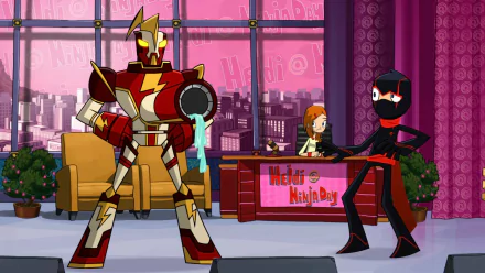 HD PC desktop wallpaper and background from Disney TV show Randy Cunningham: 9th Grade Ninja — cartoon scene: masked ninja and red-and-gold robot on a pink city-view TV talk set.