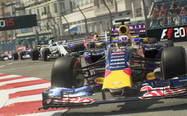 HD desktop wallpaper featuring F1 2015 race with Formula 1 cars speeding on the track.