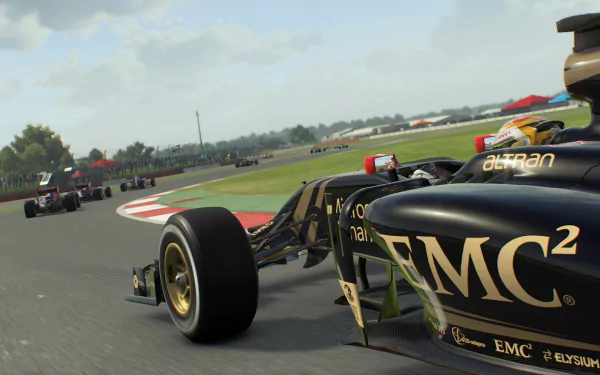 HD desktop wallpaper featuring a dynamic scene from F1 2015 with racing cars speeding on the track.