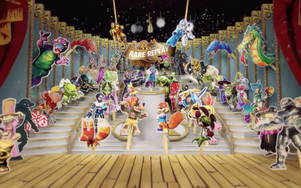 HD desktop wallpaper featuring a vibrant collection of Rare Replay game characters on a festive stage background.