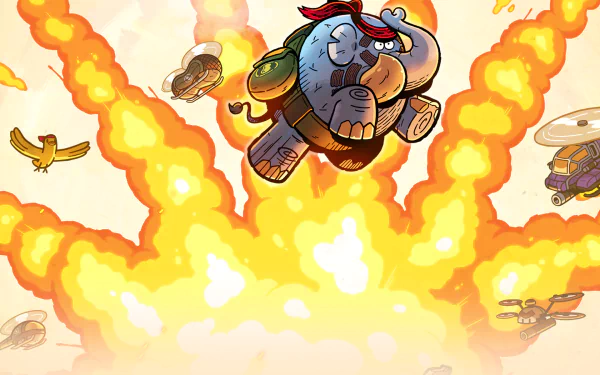 HD desktop wallpaper featuring Tembo the Badass Elephant, charging heroically through flames with a dynamic pose.