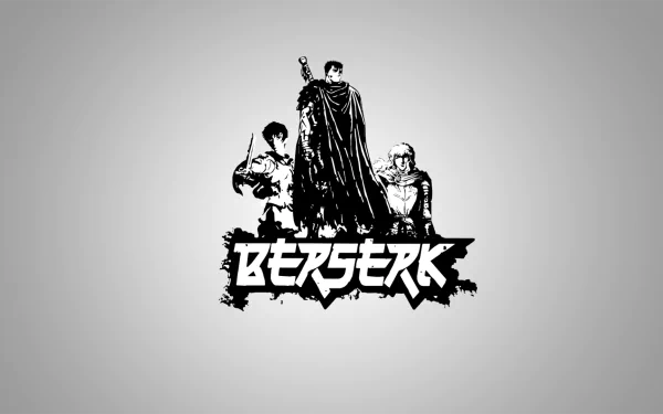 HD PC desktop wallpaper featuring anime characters Griffith, Guts, and Casca from Berserk, with the Berserk logo prominently displayed beneath them.