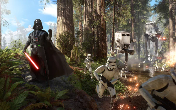 A HD desktop wallpaper featuring Darth Vader and stormtroopers in combat among tall trees in Star Wars Battlefront (2015). Vader holds a red lightsaber, with an AT-ST and explosions in the background.