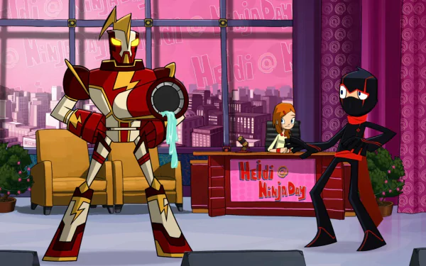 HD PC desktop wallpaper and background from Disney TV show Randy Cunningham: 9th Grade Ninja — cartoon scene: masked ninja and red-and-gold robot on a pink city-view TV talk set.