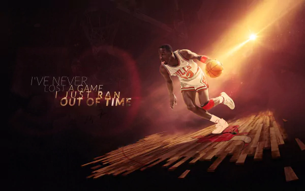 HD desktop wallpaper featuring Michael Jordan in a Chicago Bulls jersey, dribbling a basketball with a beam of light highlighting him. Text reads, I've never lost a game; I just ran out of time.