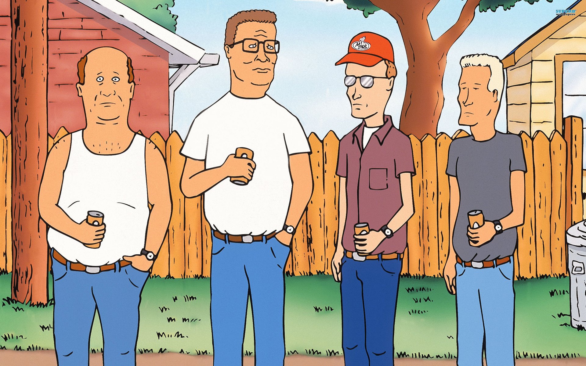 HD PC desktop wallpaper featuring characters from the TV show King of the Hill standing in a backyard with drinks, showcasing iconic animation style and setting.