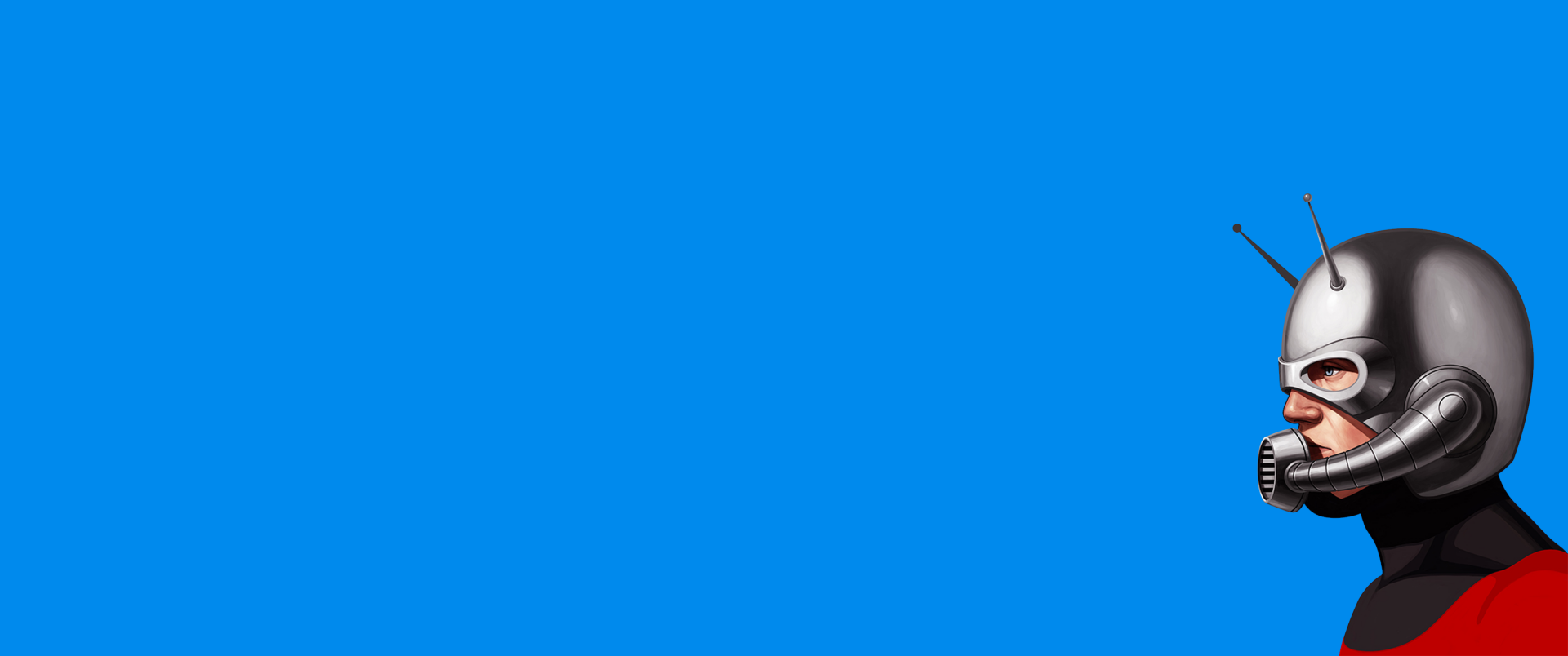 A vibrant blue background features Ant-Man from the comic universe, designed as a high-definition desktop wallpaper and background, showcasing the character's unique design.