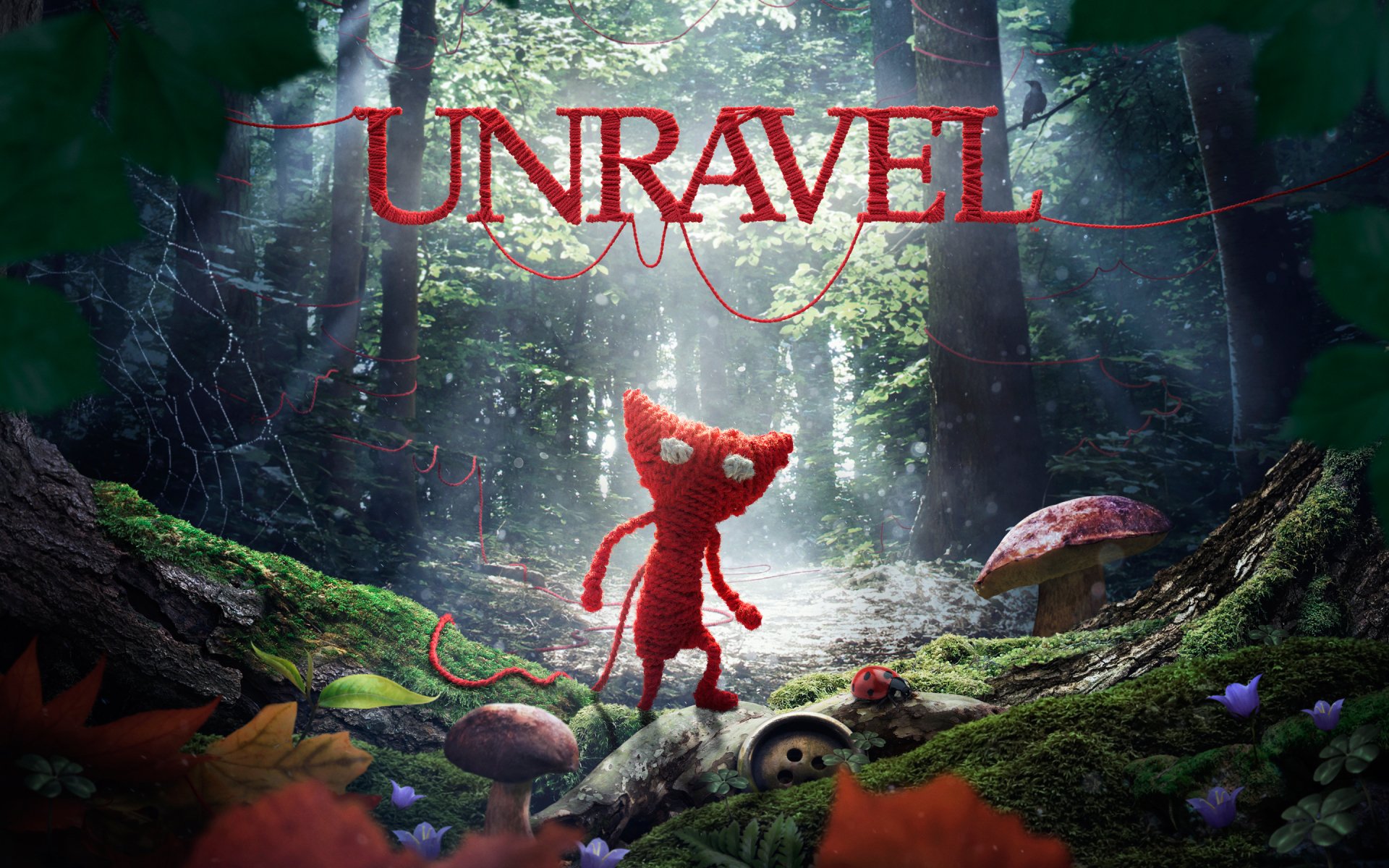 HD PC desktop wallpaper featuring a scene from the video game Unravel, showing the red Yarny character in a lush forest environment.