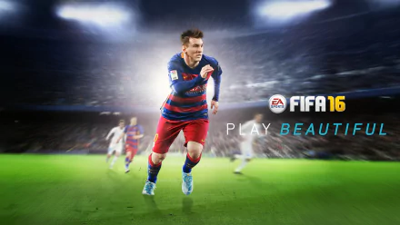 An HD desktop wallpaper featuring Lionel Messi in FIFA 16, showcasing him in action on the field with the tagline PLAY BEAUTIFUL.