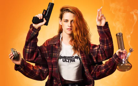 Kristen Stewart stars in American Ultra, depicted with a gun, a lighter, and a smoking bong against a vibrant orange background, showcasing her character's dynamic nature.