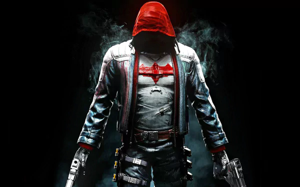 A striking HD wallpaper of Jason Todd from the video game Batman: Arkham Knight, showcasing his iconic red hood and dual guns against a dark, moody background.