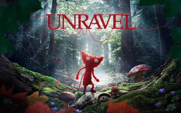 HD PC desktop wallpaper featuring a scene from the video game Unravel, showing the red Yarny character in a lush forest environment.