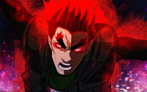 A striking HD wallpaper featuring Might Guy from Naruto, showcasing the intense energy of the Eight Gates transformation with vivid red hues and dynamic action.